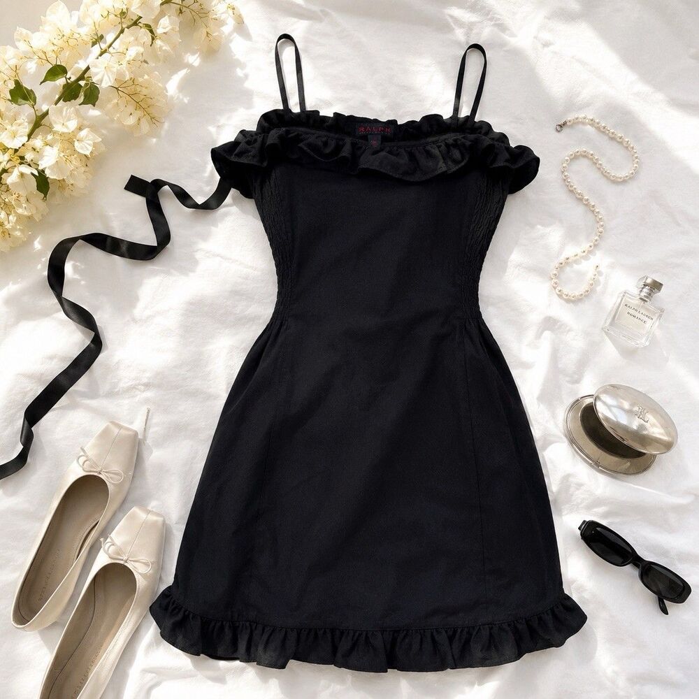 Vintage Ralph Lauren 90s Black Cotton Ruffle Mini Dress Size 12
